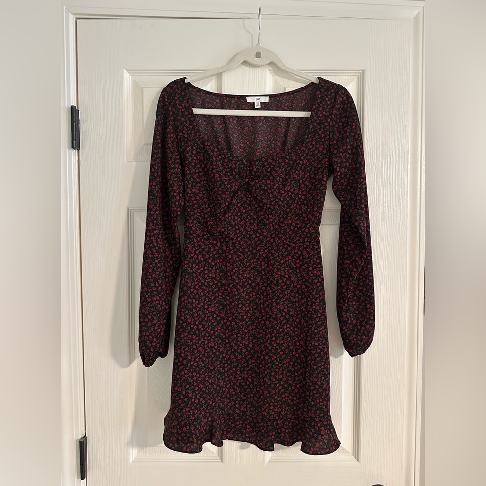 BP Red and White Ruched Sheath Dress with Bishop Sleeves